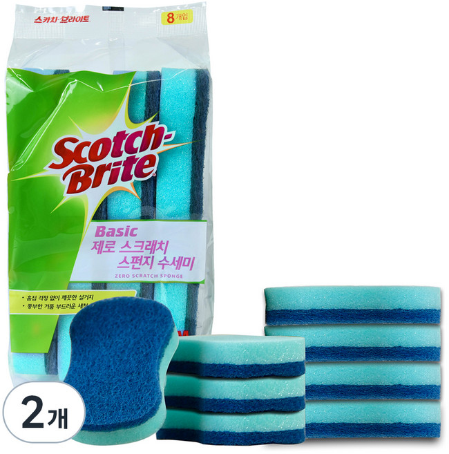 스카치브라이트 쓰리엠 베이직 제로 스크레치 스펀지 수세미, 8개입, 2개