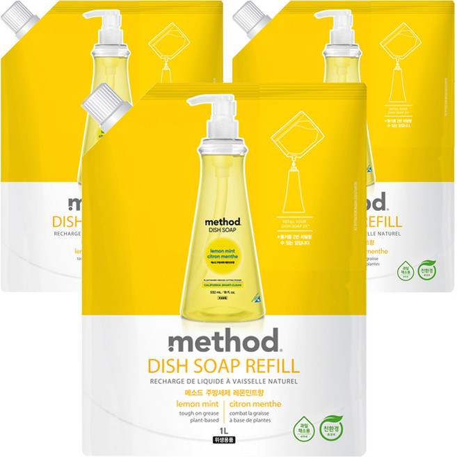 메소드 주방세제 레몬민트향 리필, 1L, 3개