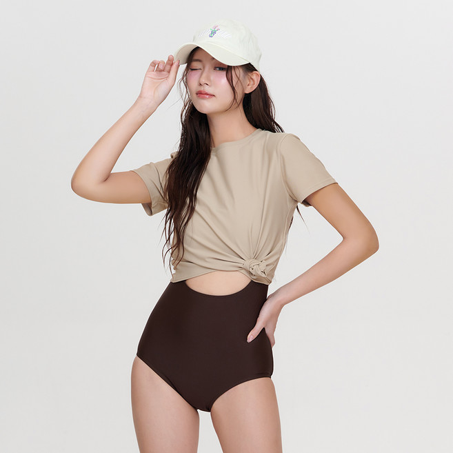 VENDIS Monokini Churros 短袖連身泳衣套裝 F361, 棕色