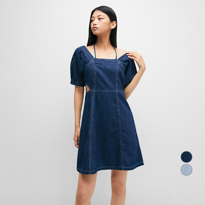 미쏘 여성용 반팔 사이드 컷아웃 데님 면 미니 원피스