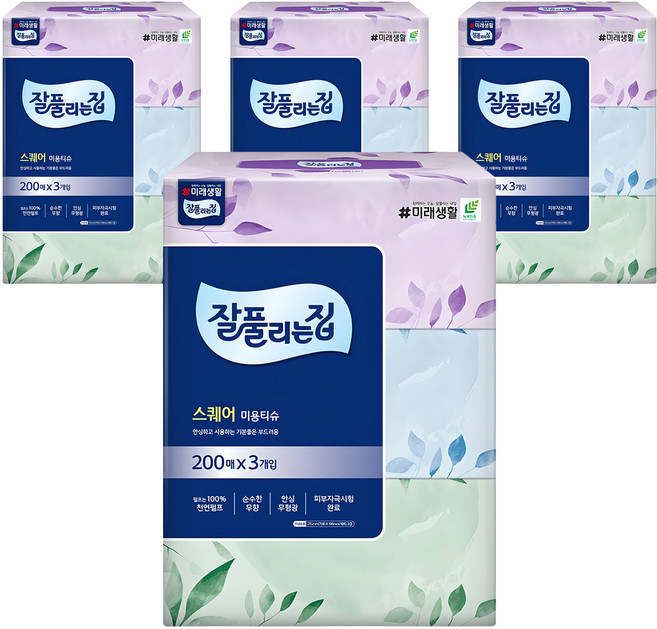 잘풀리는집 스퀘어 미용티슈, 200매, 12개