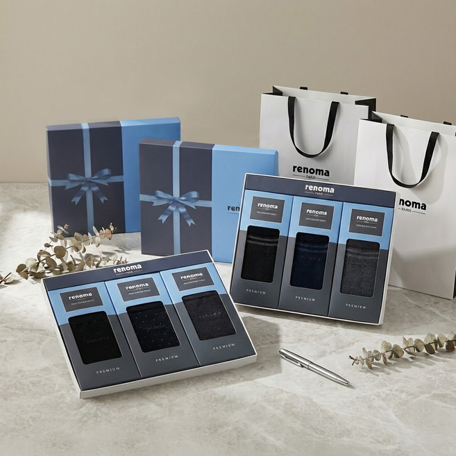 레노마 남성용 혼합 정장 양말 3족 x 2p 선물세트 + 쇼핑백