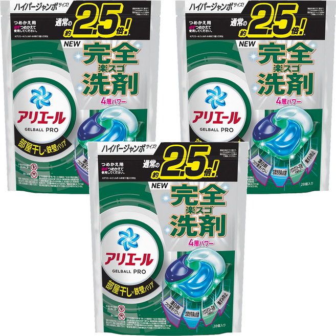 ARIEL 日本原裝進口 4D立體洗衣球補充包 綠色室內曬衣, 28顆, 3袋