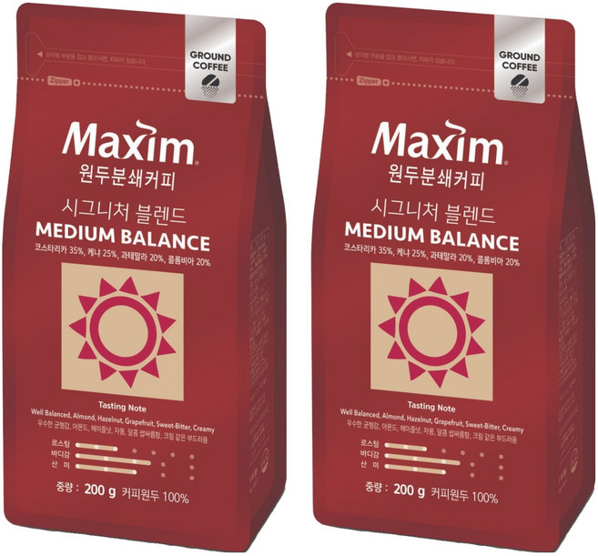맥심 시그니처 블렌드 미디엄 밸런스 원두 분쇄 커피, 200g, 2개