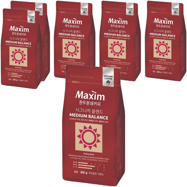맥심 시그니처 블렌드 미디엄 밸런스 원두 분쇄 커피, 200g, 6개