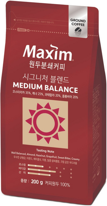 맥심 시그니처 블렌드 미디엄 밸런스 원두 분쇄 커피, 200g, 1개