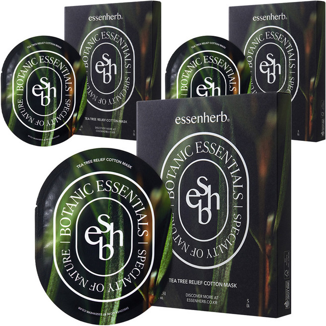 essenherb 茶樹舒緩棉質面膜, 3個, 5入