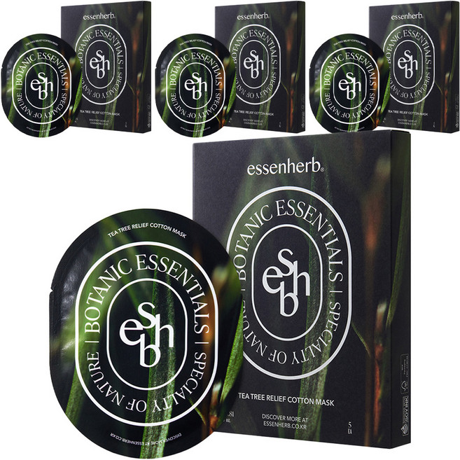 essenherb 茶樹舒緩棉質面膜, 4個, 5入