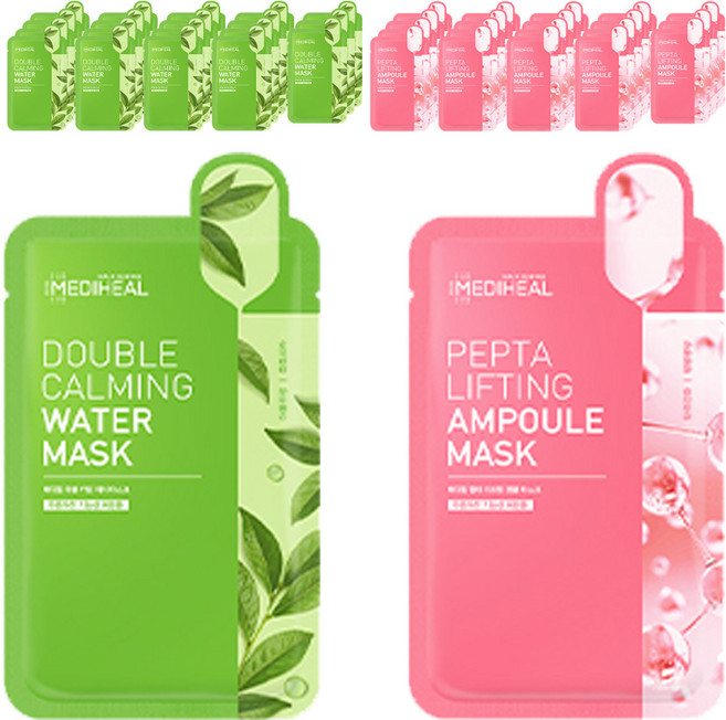 메디힐 더블 카밍 워터 마스크 + 펩타 리프팅 앰플 마스크, 20매입, 2개