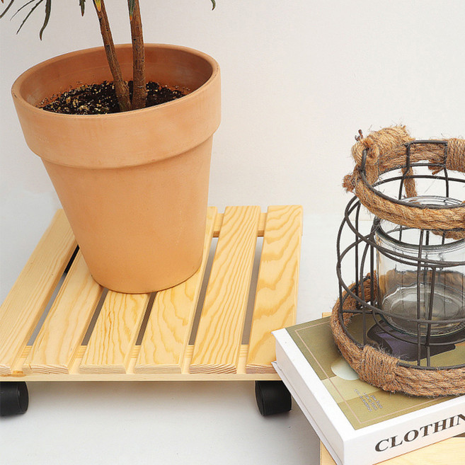 아침향기 이동식 원목 화분 원형 바퀴 받침대, 사각, 1개