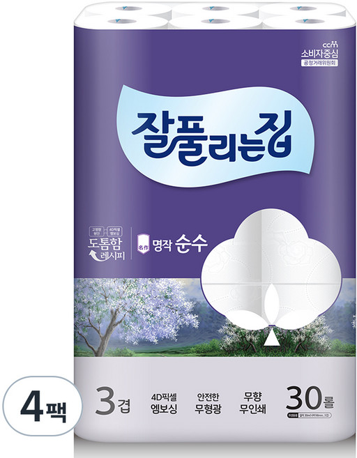 잘풀리는집 명작 순수 3겹 고급롤화장지, 30m, 30개입, 4개