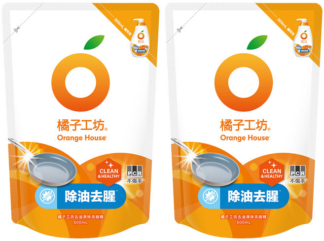 ORANGE HOUSE 橘子工坊 去油淨味 碗盤洗滌液 補充包, 500ml, 2包