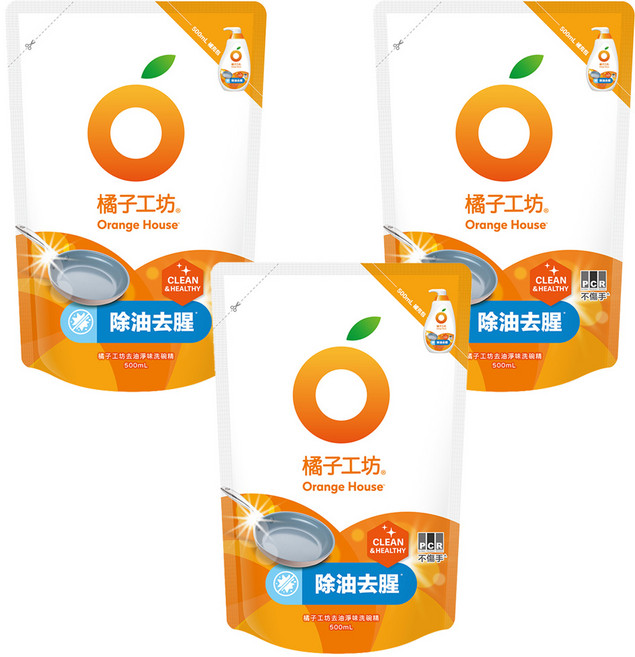 ORANGE HOUSE 橘子工坊 去油淨味 碗盤洗滌液 補充包, 500ml, 3包