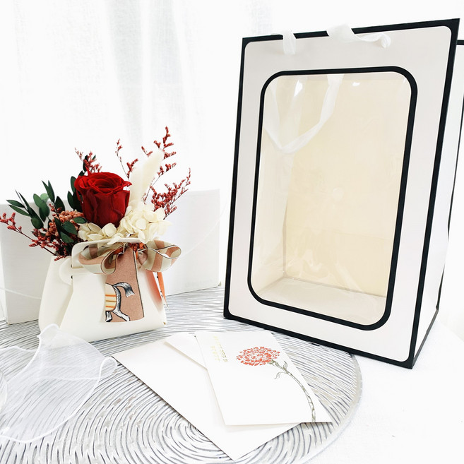 노블리 조화 스타일 프리져브드 장미 꽃 가방 + 메시지 카드 + 쇼핑백 세트, 레드(조화), 1세트