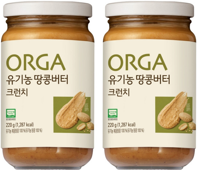 올가홀푸드 100% 유기농 땅콩버터 크런치, 220g, 2개