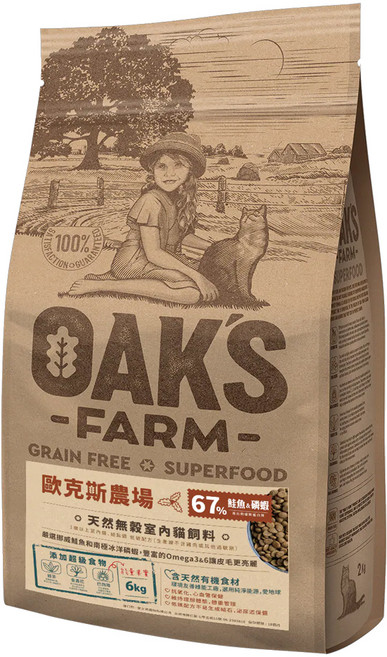 OAK'S FARM 天然無穀 室內貓飼料, 鮭魚 + 磷蝦, 6000g, 1袋