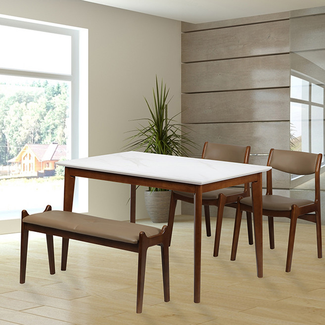 도리퍼니처 오리온 세라믹 원목 4인용 식탁 + 의자 2p + 벤치 세트 방문설치, 화이트 우드, 일반 2 + 벤치 1