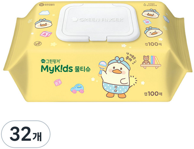 그린핑거 푸아에디션 마이키즈 아기물티슈 캡형, 32개, 100매, 37g