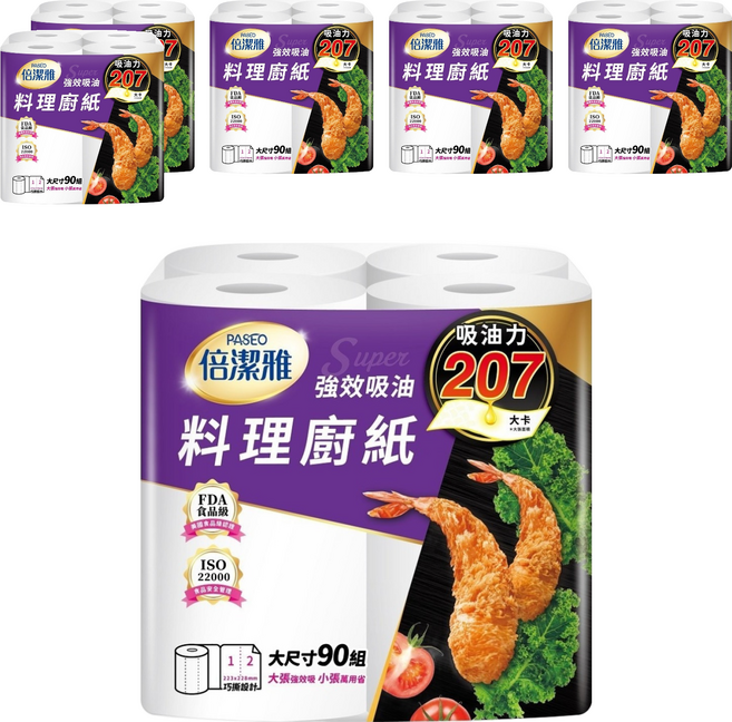 倍潔雅 強效吸油料理廚房紙巾 大尺寸 90組 雙層, 4捲, 6袋