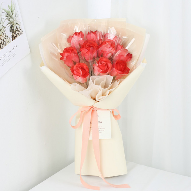 LAVINA 香皂玫瑰10入 現金花束 + 提袋組, 燕麥紅(花束), 1套