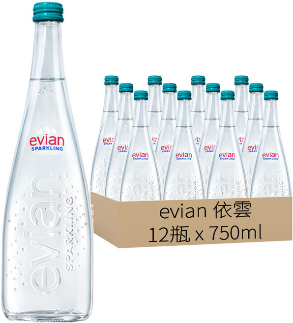 evian 依雲 台灣公司貨 氣泡天然礦泉水 玻璃瓶, 750ml, 12瓶