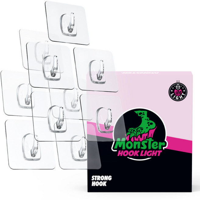 몬스터겔 강력 무타공 접착식 벽걸이 후크 라이트 부착고리 스텐304, 투명, 10개