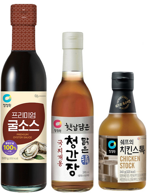 청정원 프리미엄 굴소스 500g + 쉐프의 치킨스톡 340g + 햇살담은맑은청간장 국찌개용 390ml, 1세트, 500 g, 340 g