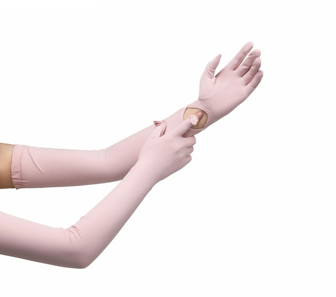 冰絲涼感全覆蓋功能防曬袖套 UPF50+ 掌心防滑 露指觸控 輕薄透氣 戶外騎行 跑步運動, 粉色, 1個