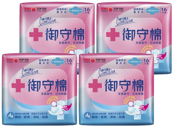 康乃馨 御守棉衛生棉 護翼型, 量多型(25.5cm), 16片, 4包