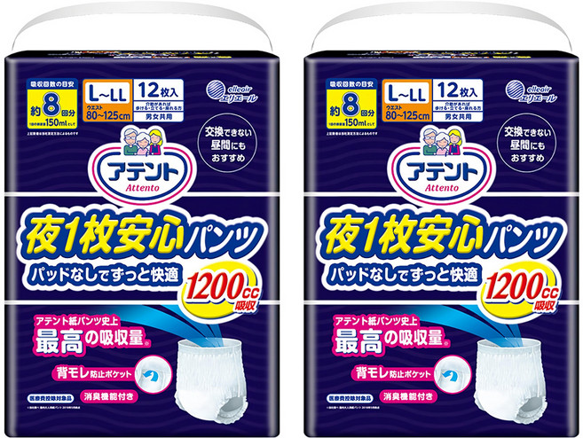elleair 艾黎艾爾 Attento 愛適多 男女共用夜間超安心 褲型強效尿褲 L~LL(80~125cm), 12片, 2包