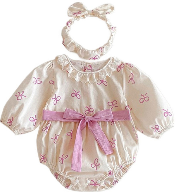 스타도어 유아용 리본포인트 긴팔수트 + 헤어밴드 세트