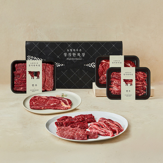 목우촌 한우 1+등급 구이 선물세트 등심 300g + 갈비살 300g + 살치살 150g + 치마살 150g, 1세트