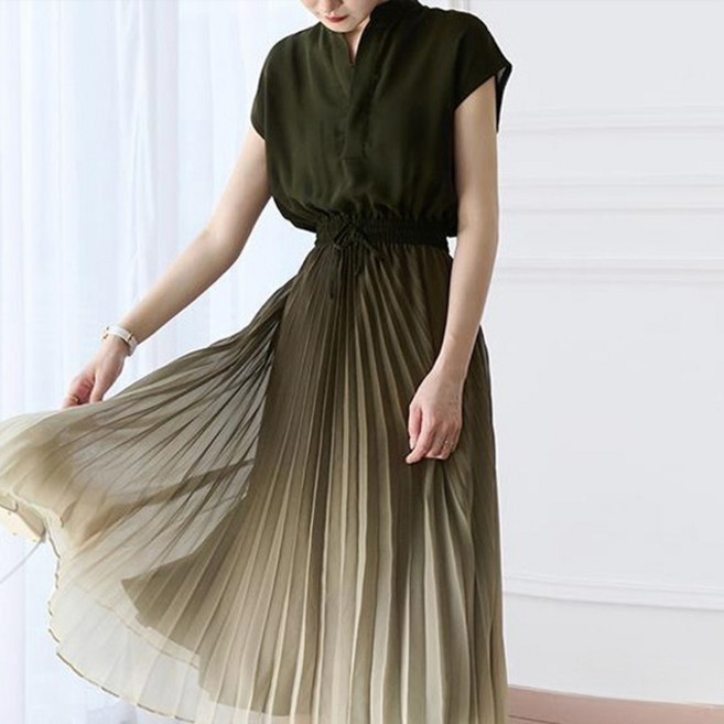 ATTERLIC 包袖漸層百褶雪紡洋裝 00220 含大尺碼, 綠色