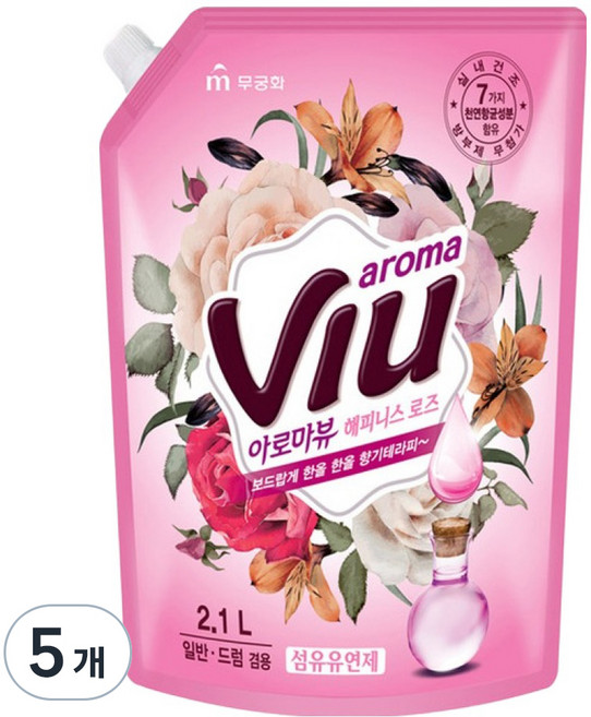 아로마뷰 해피니스 로즈 섬유유연제 리필형, 2.1L, 5개