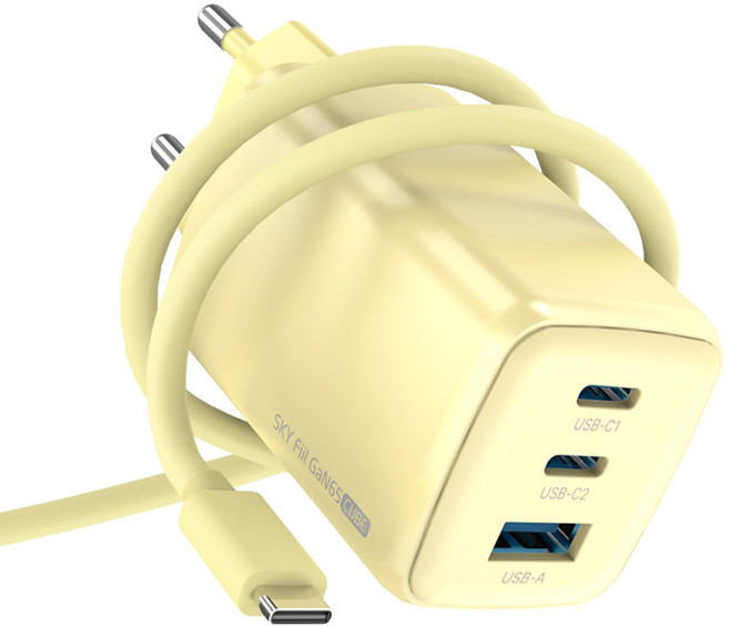 SKY 필 GaN 65W 큐브 4세대 초미니 3포트 충전기 + C to C 60W 케이블 1.2m 세트, 옐로우, 1세트