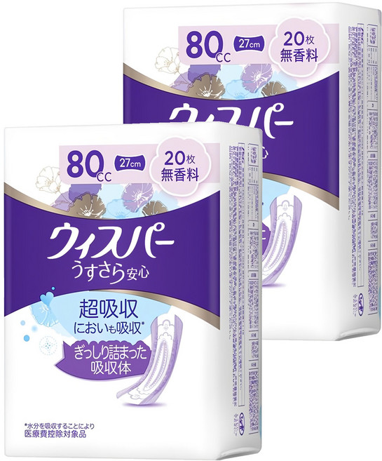 whisper 好自在 日本原裝進口 舒爽超吸收成人護墊 成人尿布 無香 80cc 無翼型, 27cm, 20片, 2包