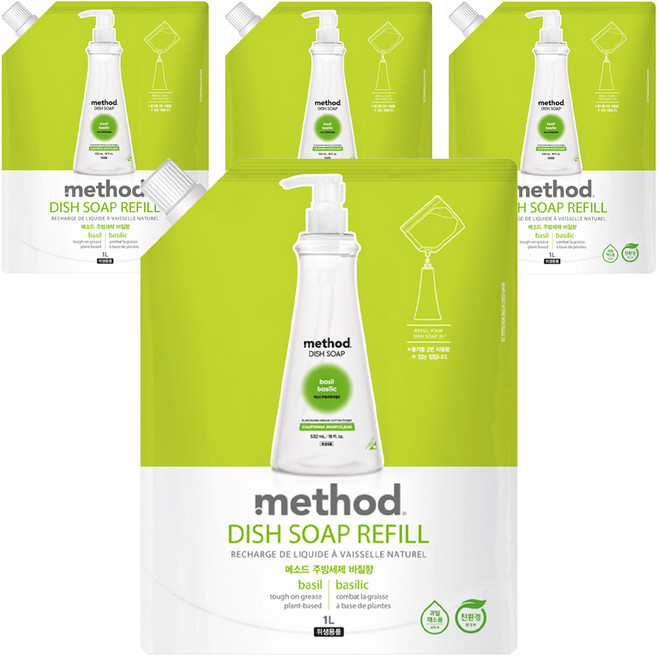 메소드 스마트 클린 주방세제 바질향 리필, 4개, 1L