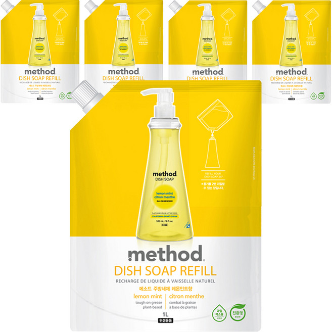 메소드 주방세제 레몬민트향 리필, 1L, 5개