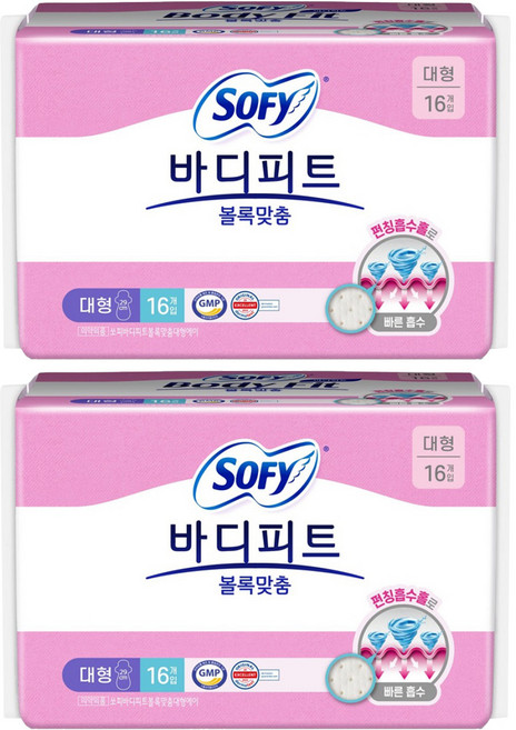 바디피트 볼록맞춤 생리대 날개형, 대형, 16개입, 2개
