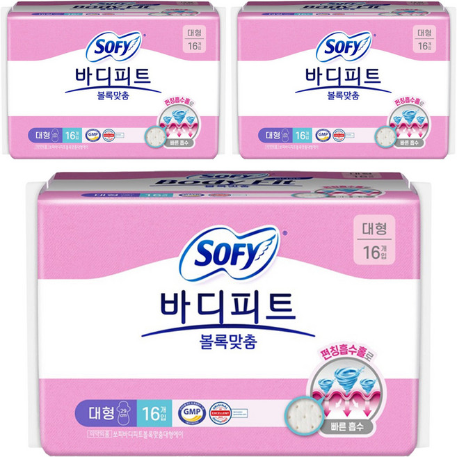 바디피트 볼록맞춤 생리대 날개형, 대형, 16개입, 3개