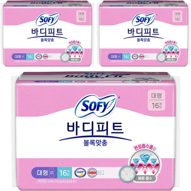 바디피트 볼록맞춤 생리대 날개형, 대형, 16개입, 3개 - 쿠팡