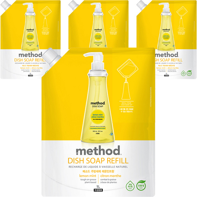 메소드 주방세제 레몬민트향 리필, 1L, 4개