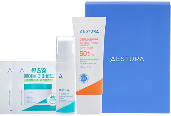 AESTURA Derma UV365 屏障保濕 物理性防曬霜 SPF50+ PA++++ 40ml + 鎮靜面膜棉片 2p + 鎮靜精華 5ml 套組, 1個