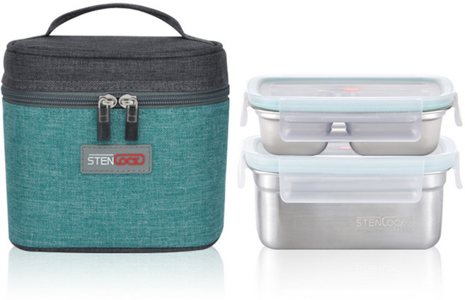 스텐락 퓨어 직사각 2단 도시락 소 300ml + 540ml 세트, VINTAGE GREEN, 1세트