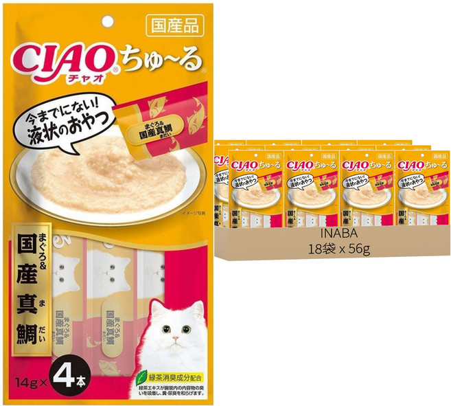 INABA CIAO 啾嚕 肉泥, 18袋, 56g, 鮪魚 + 真鯛