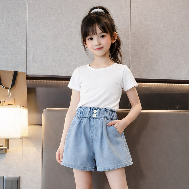 스타빈 여아용 투버튼 밴딩 데님 반바지