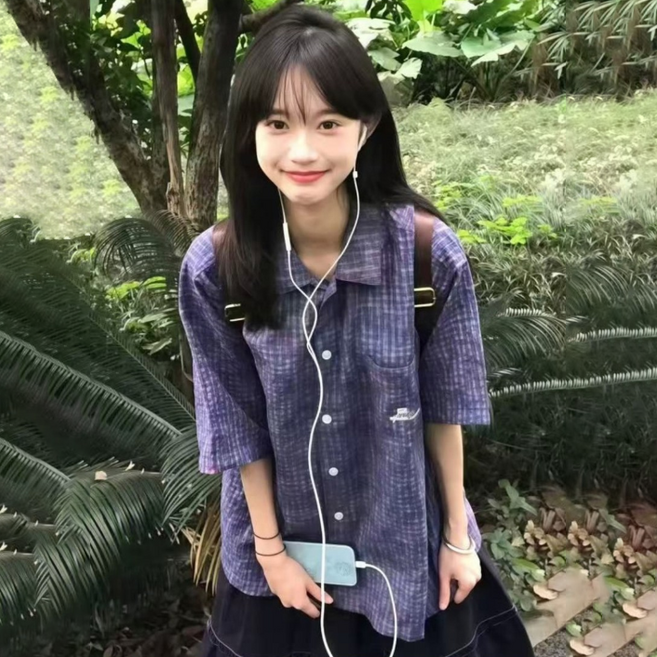 PEONIST 女款格紋休閒寬鬆短袖襯衫