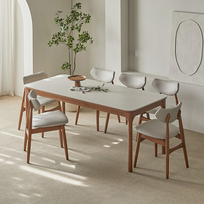 파로마 채튼B 1800 통세라믹 원목식탁 + 의자세트 6인 방문설치, 베이지상판 + 월넛원목, 일반의자 6