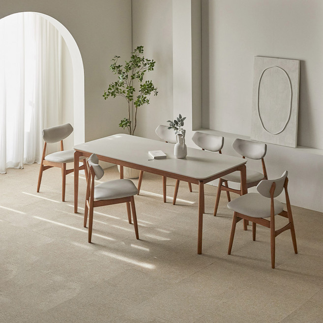 파로마 리샤르B 통세라믹 원목식탁 + 의자세트 6인 방문설치, 베이지상판+월넛원목, 일반의자 6