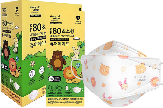 Puremate 아기곰과 친구들 마스크 초소형 유아용 KF80, 50개입, 1개, 패턴흰색
